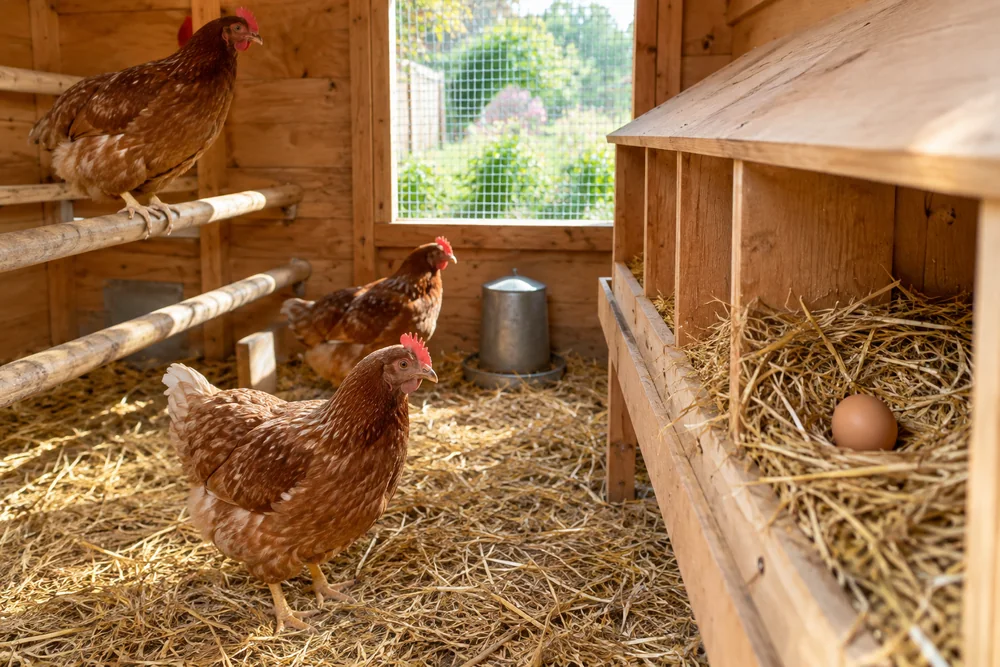 Intérieur d'un poulailler en bois propre avec perchoirs, pondoir garni de paille et un œuf brun, lumière douce du matin (élever des poules)