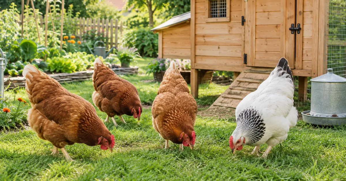 Trois poules rousses et une poule Sussex blanche picorent l'herbe devant un poulailler en bois dans un jardin potager (élever des poules)
