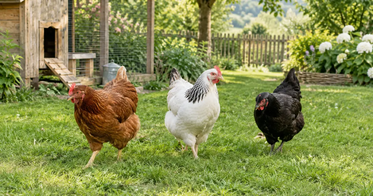 Une famille de trois poules, une rousse, une Sussex blanche et une noire, se promène dans un grand parcours herbeux de jardin (combien de po
