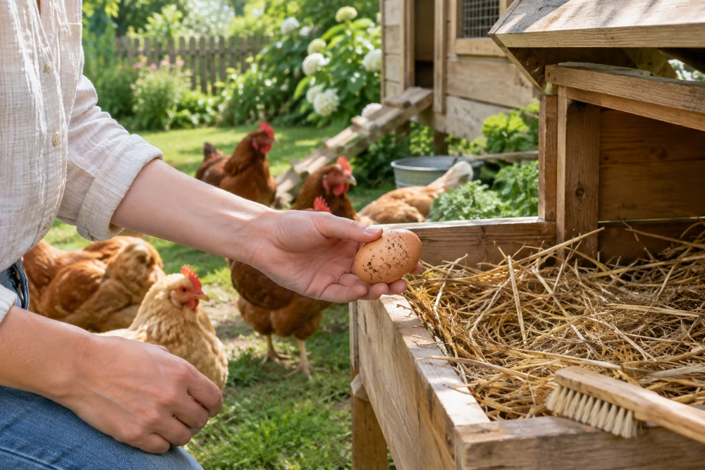 Mains tenant un œuf brun légèrement terreux au-dessus d'un pondoir garni de paille, une brosse douce posée à côté (conserver oeufs frais)