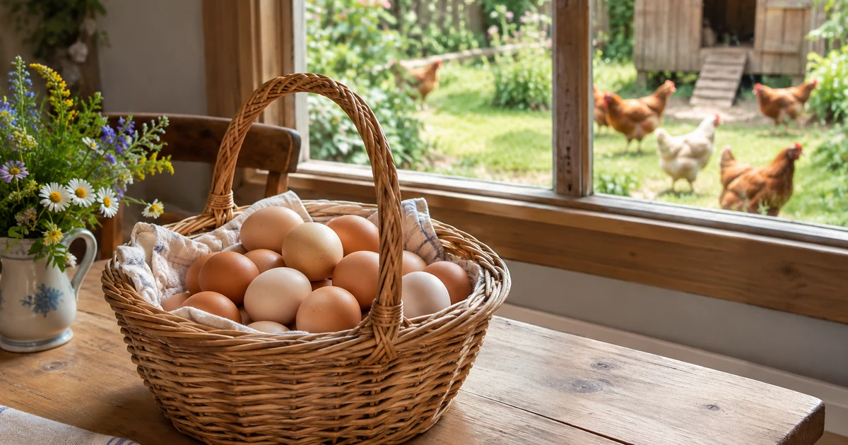Œufs bruns et crème fraîchement ramassés dans un panier en osier posé sur une table en bois de cuisine, lumière (conserver oeufs frais)