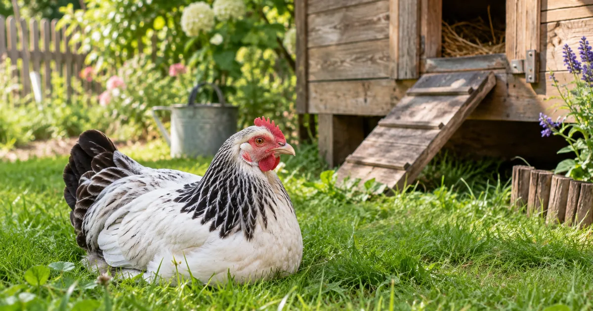Une vieille poule Sussex au plumage blanc et noir se repose au soleil dans l'herbe d'un jardin, à côté d'un poulailler en (durée de vie d'un
