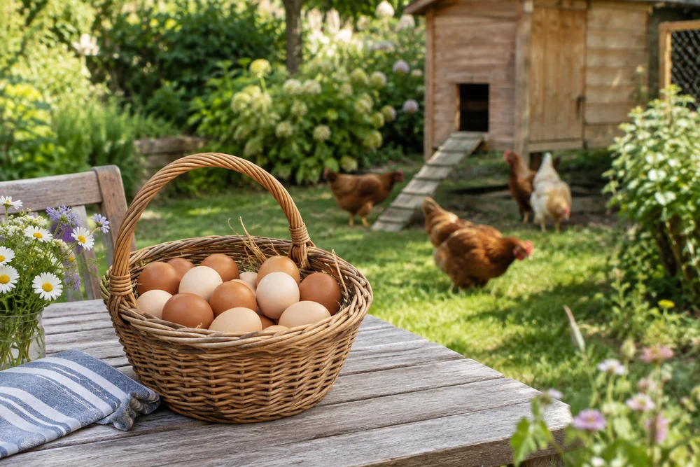Panier en osier rempli d'œufs frais aux coquilles brunes et crème posé sur une table de jardin en bois, poules floues au fond (faut il un co