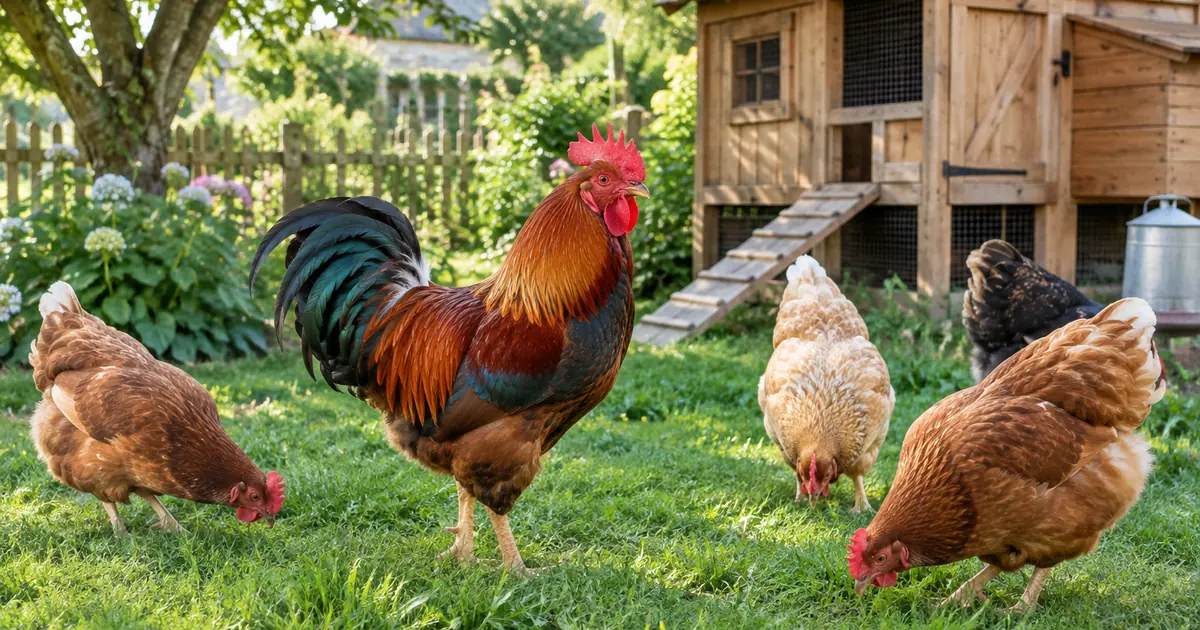 Coq au plumage roux et vert entouré de quelques poules dans un jardin herbeux, poulailler en bois à l'arrière-plan, (faut il un coq pour avo