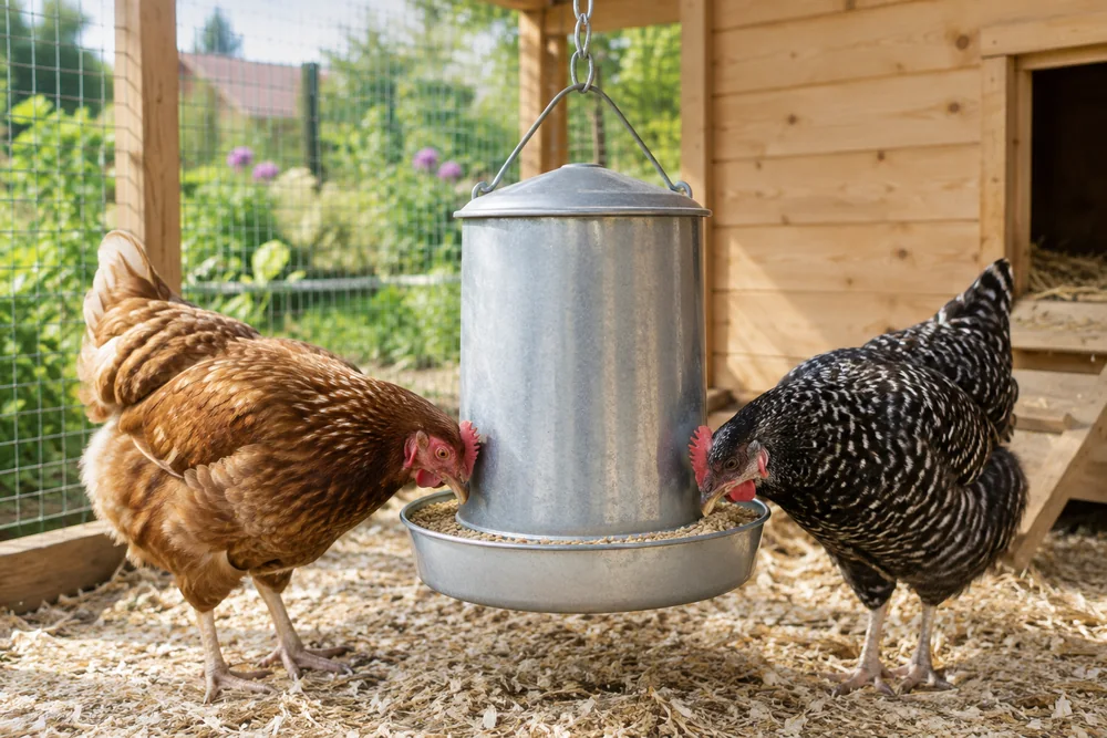 gros plan sur une mangeoire suspendue en métal galvanisé dans un poulailler propre, deux poules qui picorent des granulés