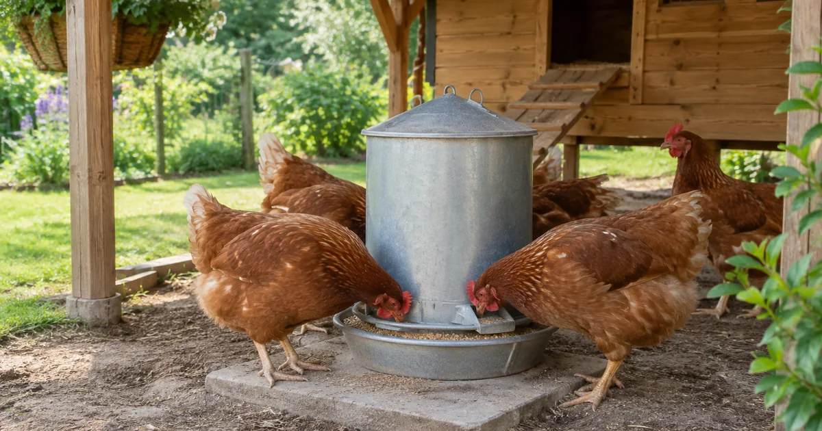 Poules rousses qui mangent dans une mangeoire à pédale en métal galvanisé posée sur une dalle, sous un préau de