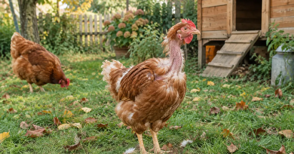 Poule rousse en pleine mue, plumage clairsemé sur le cou, debout sur l'herbe d'un jardin en automne, quelques plumes au