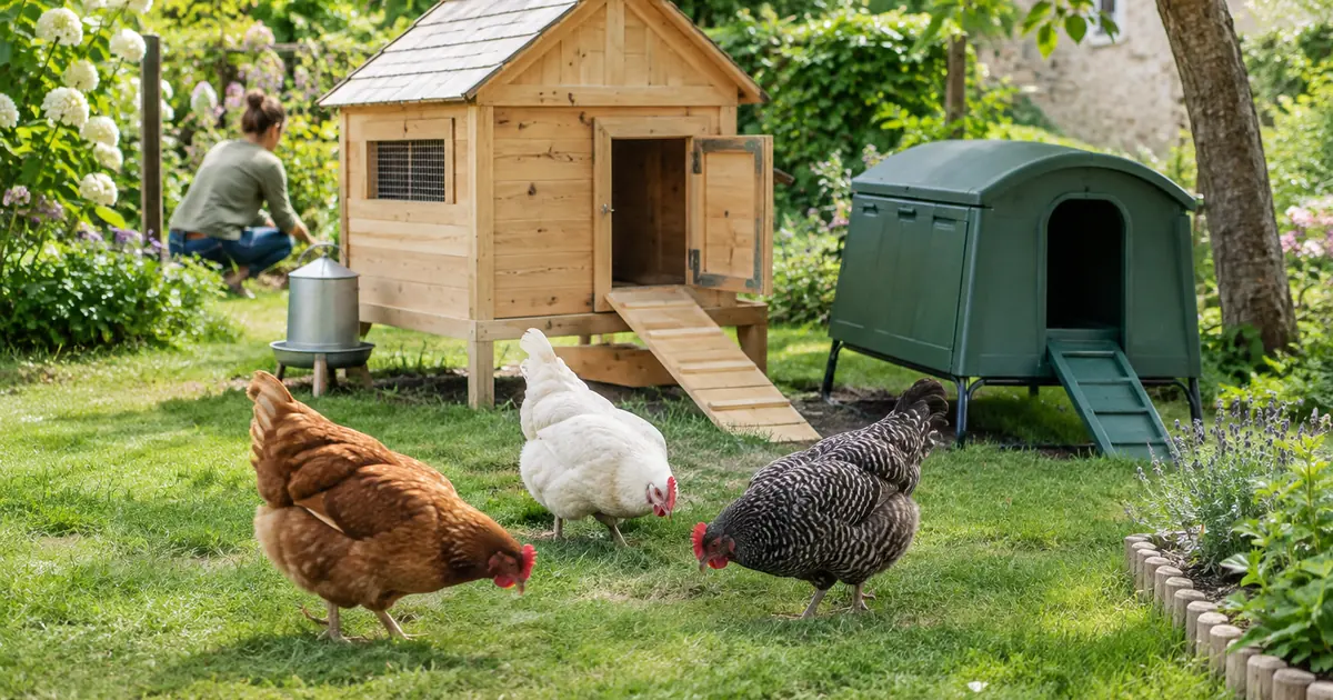 Petit poulailler en bois clair dans un jardin, à côté d'un poulailler en plastique vert, trois poules devant sur l'herbe