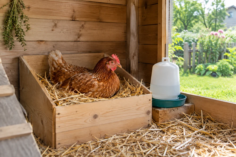 Poule installée au calme dans une caisse garnie de paille propre, petit abreuvoir à côté, dans un abri de jardin lumineux