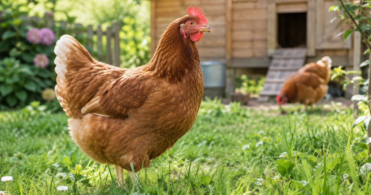 Poule rousse attentive dans l'herbe d'un jardin, œil vif et crête rouge, poulailler en bois flou à l'arrière-plan,