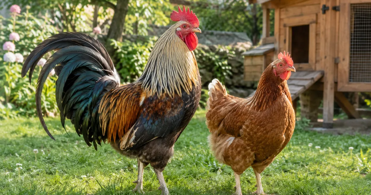 Un coq aux longues plumes de queue recourbées et une poule rousse côte à côte dans l'herbe d'un jardin, lumière du matin
