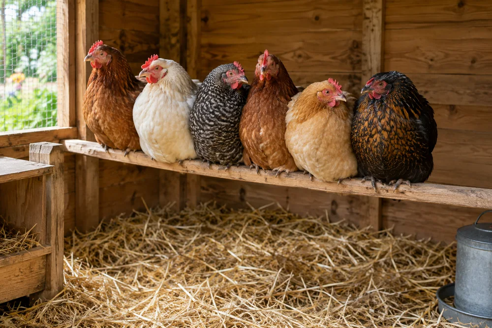 Poules serrées les unes contre les autres sur un perchoir en bois dans un poulailler sec avec une litière de paille épaisse