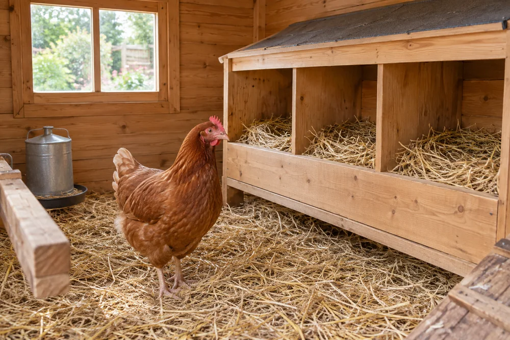 Intérieur d'un poulailler propre en bois avec pondoirs garnis de paille vides, une poule rousse debout devant, lumière (pourquoi mes poules 