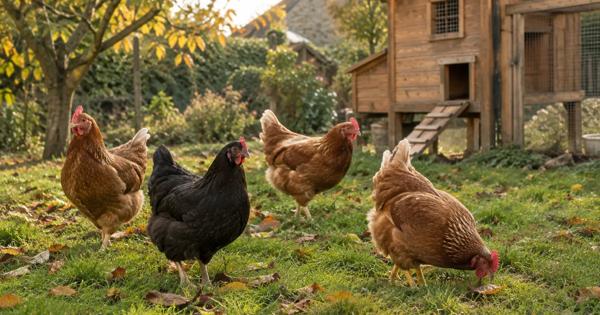 Quelques poules rousses et une poule noire dans un parcours herbeux en automne, feuilles mortes au sol, poulailler en (pourquoi mes poules n