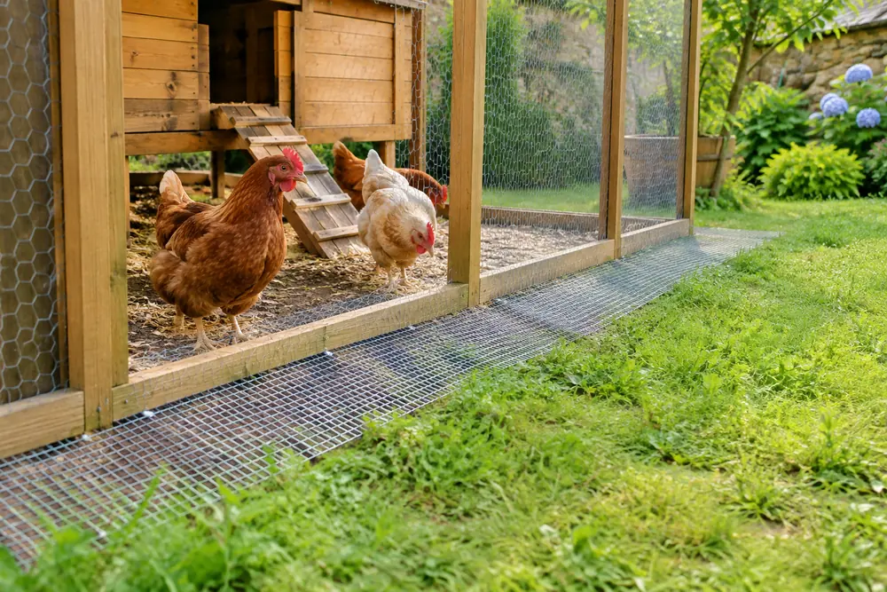 Bas d'une clôture d'enclos à poules avec une bande de grillage posée à plat au sol vers l'extérieur, herbe autour (fouine poule)