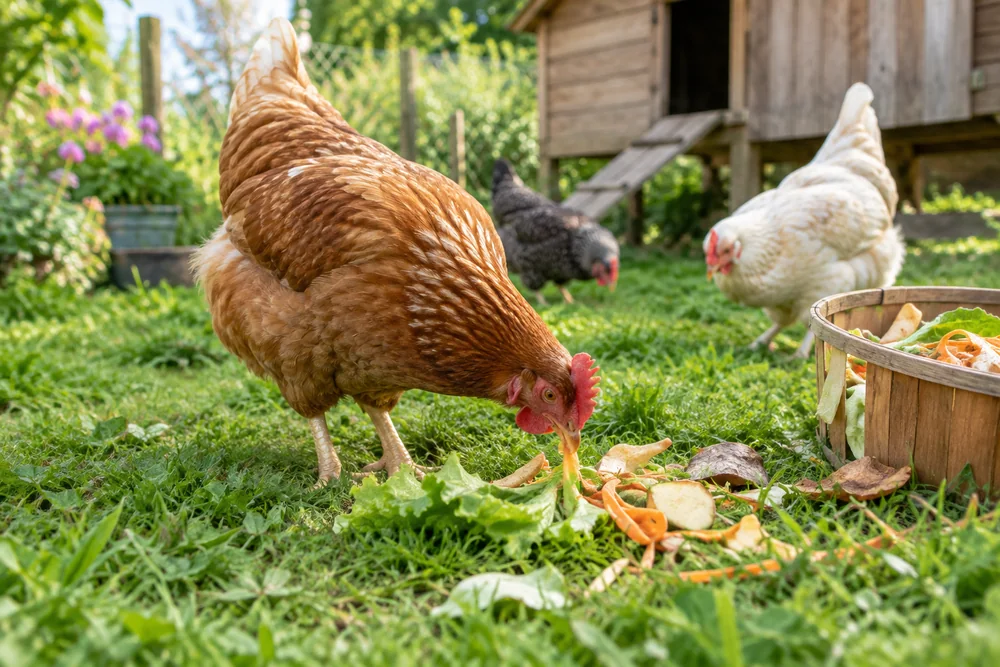 Gros plan sur une poule qui picore des épluchures de légumes et des feuilles de salade dans un parcours herbeux (que mange une poule)