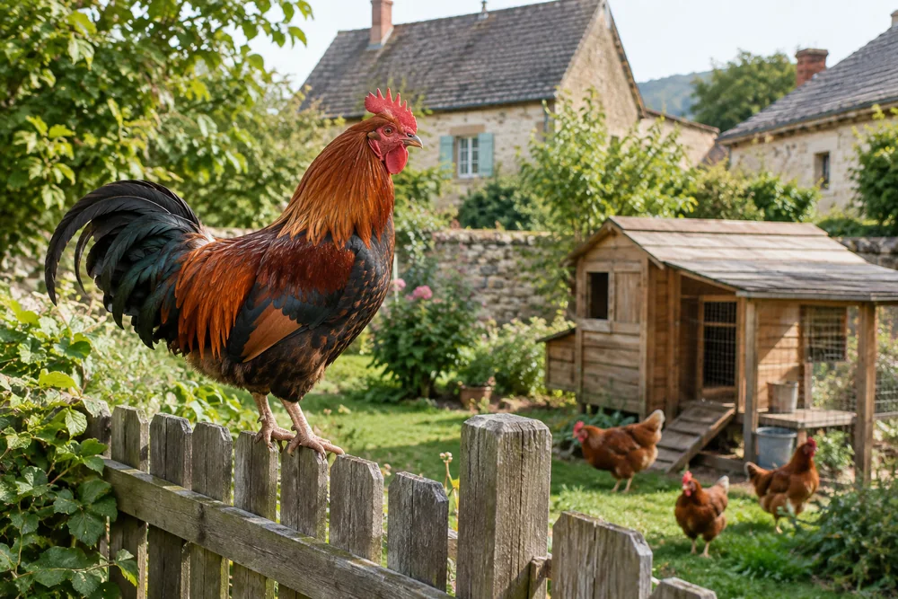 Coq au plumage roux et noir perché sur une clôture de jardin de campagne, maisons rurales en arrière-plan (déclaration poules mairie)
