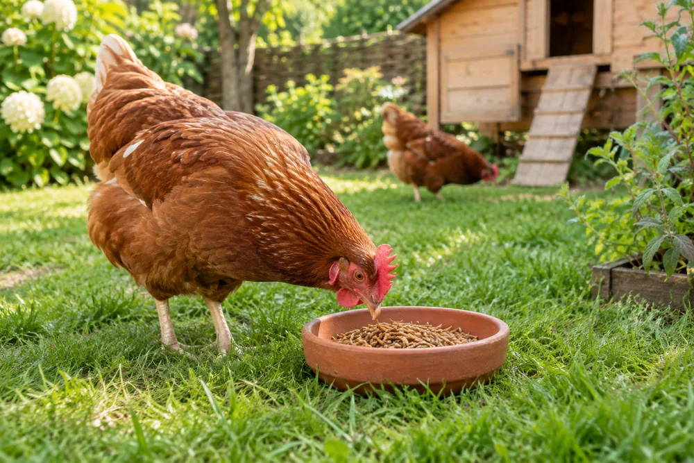 une poule rousse qui picore des vers de farine séchés dans une petite coupelle en terre cuite posée sur l'herbe (remède de grand-mère pour f