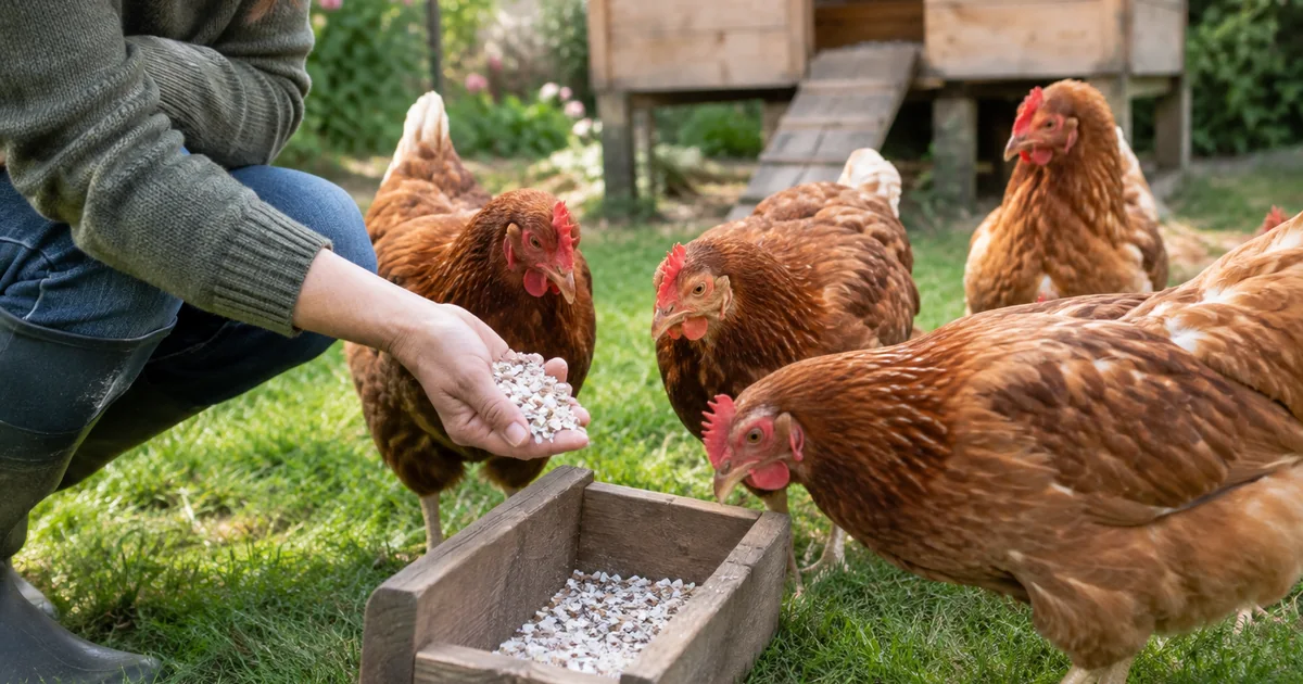 Main tenant une poignée de coquilles d'huîtres broyées au-dessus d'une petite mangeoire, poules rousses autour dans un (remède de grand-mère