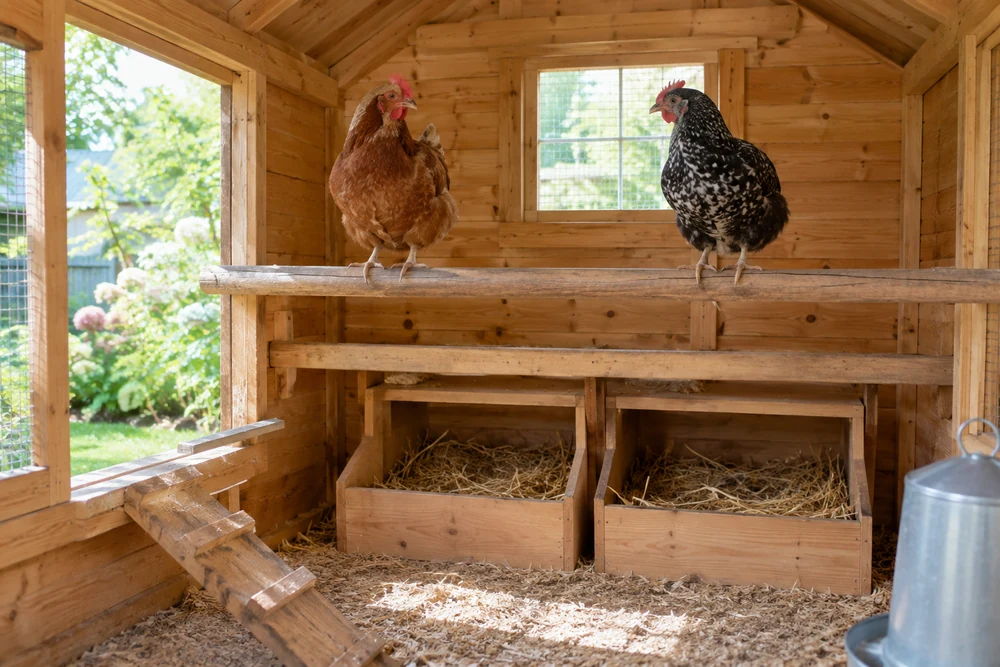Intérieur lumineux d'un poulailler en bois avec deux perchoirs au même niveau et deux pondoirs garnis de paille plus bas,