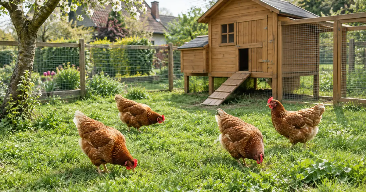 Poulailler en bois de taille moyenne avec grand parcours enherbé clôturé, quatre poules rousses qui grattent l'herbe,
